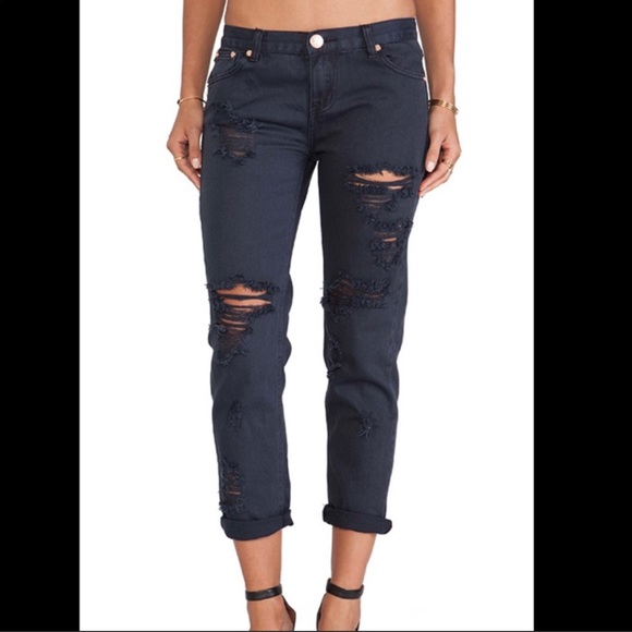 One Teaspoon Awesome Baggies Distressed Relaxed Skinny Ankle Dark Wash Jeans - Picture 3 of 13